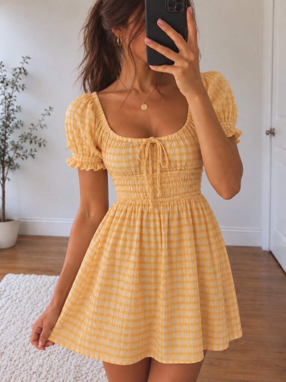 Urban Outfitters Yellow Gingham Puff-Sleeve Dress